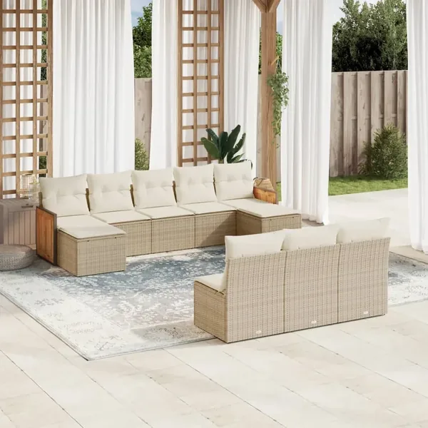 Salon de jardin avec coussins 10 pcs beige résine tressée