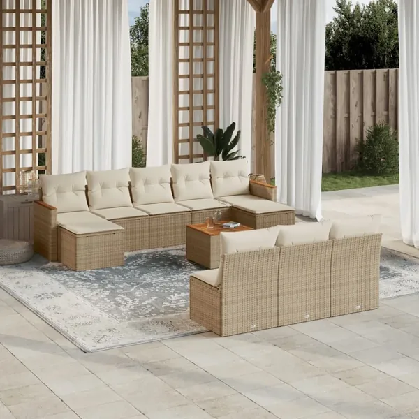 Salon de jardin 11 pcs avec coussins beige résine tressée
