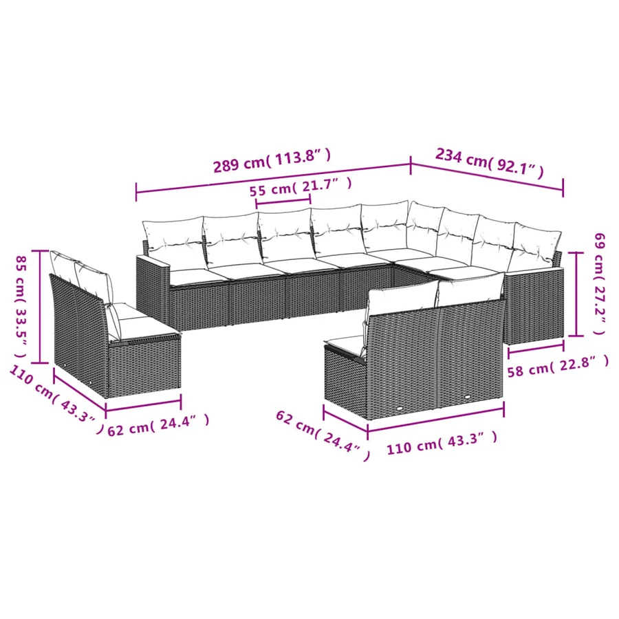 Salon de jardin avec coussins 12 pcs beige résine tressée - 3