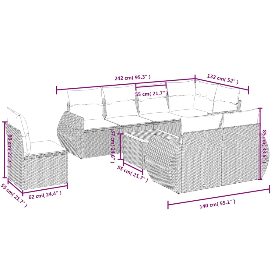 Salon de jardin avec coussins 9 pcs beige résine tressée - 3