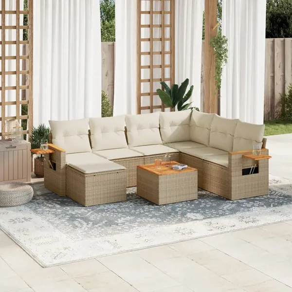 Salon de jardin avec coussins 8 pcs beige résine tressée