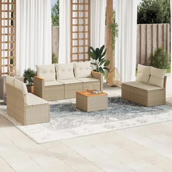 Salon de jardin avec coussins 8 pcs beige résine tressée
