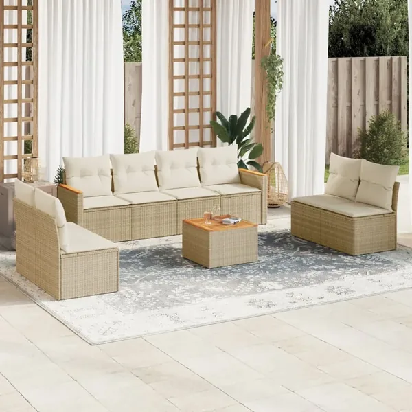Salon de jardin avec coussins 9 pcs beige résine tressée