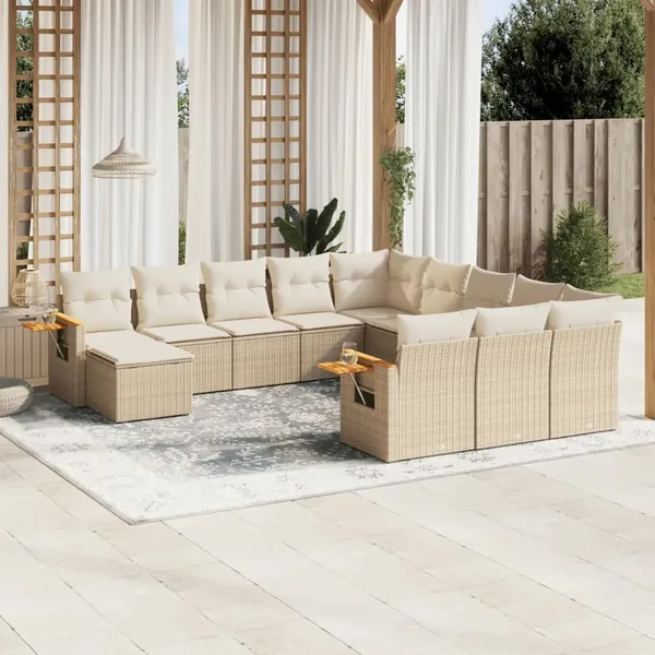 Salon de jardin 11 pcs avec coussins beige résine tressée