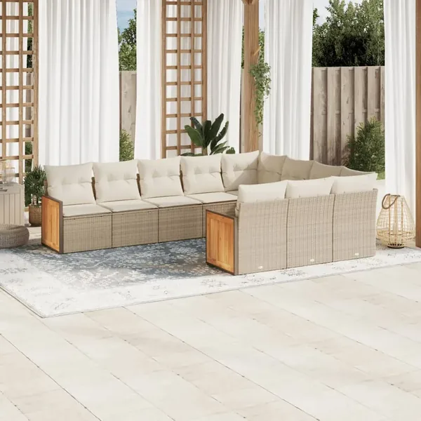 Salon de jardin avec coussins 10 pcs beige résine tressée