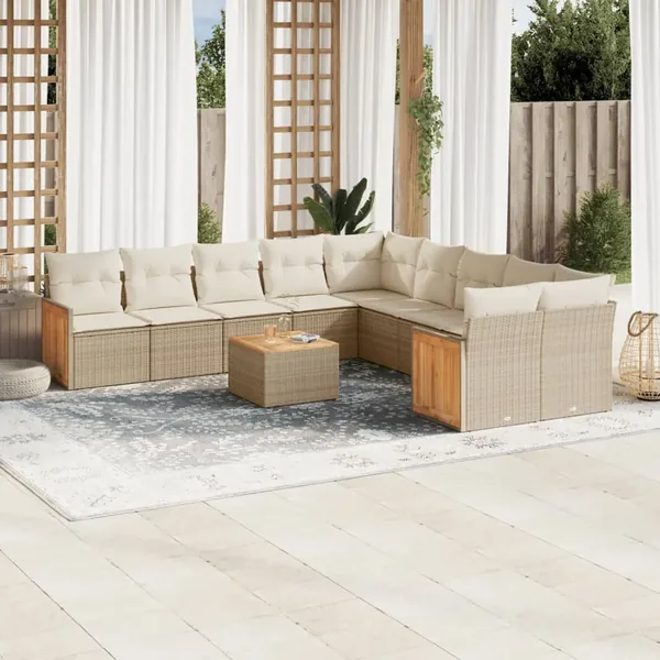 Salon de jardin 11 pcs avec coussins beige résine tressée