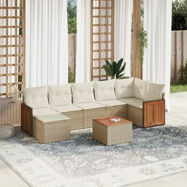 Salon de jardin avec coussins 8 pcs beige résine tressée