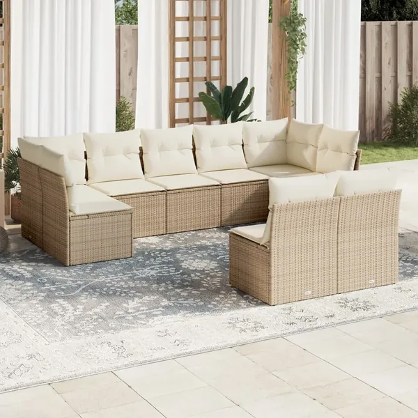 Salon de jardin avec coussins 9 pcs beige résine tressée