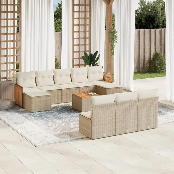 Salon de jardin 11 pcs avec coussins beige résine tressée