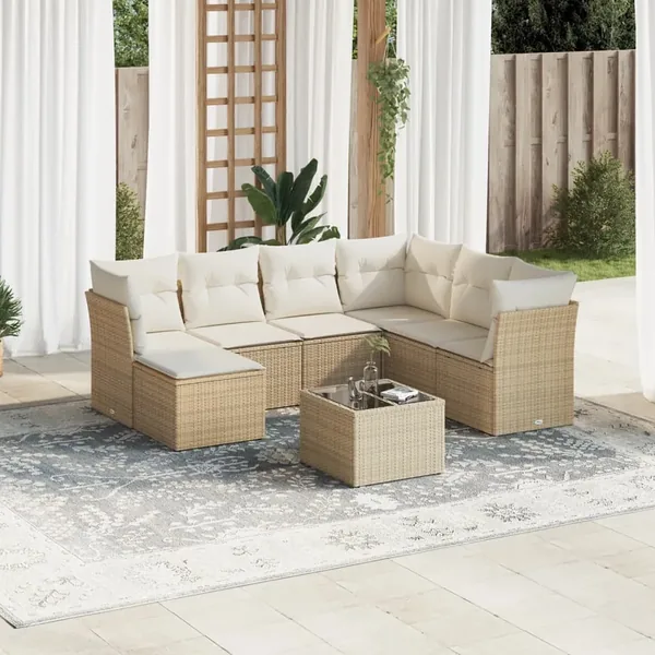Salon de jardin avec coussins 8 pcs beige résine tressée