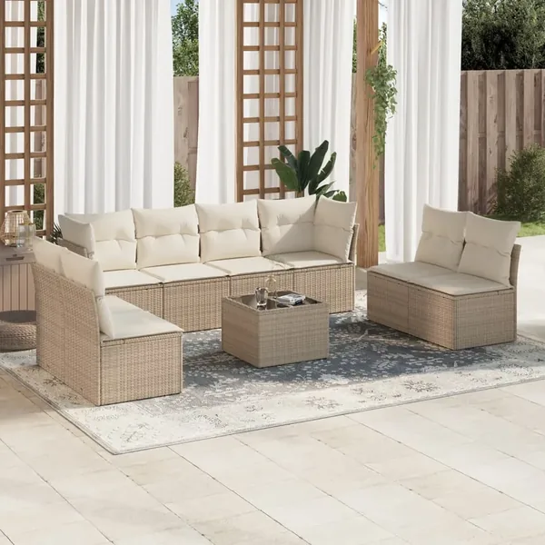 Salon de jardin avec coussins 9 pcs beige résine tressée