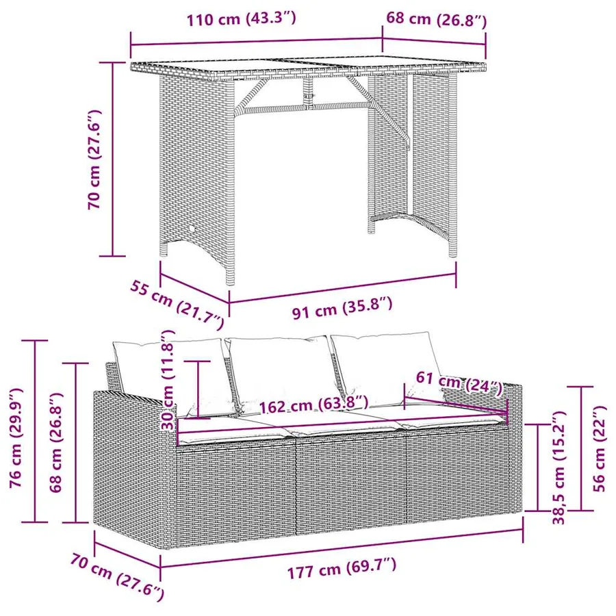 Ensemble à manger de jardin coussins 2pcs noir résine tressée - 11