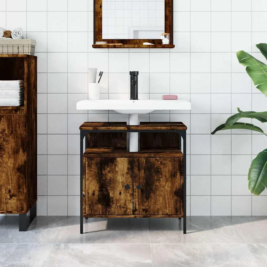 Armoire lavabo de salle de bain chêne fumé 60x30x60 cm - 3