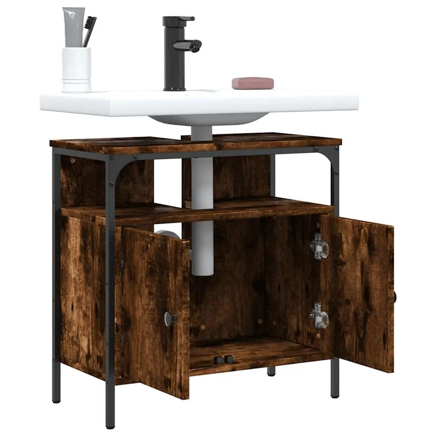 Armoire lavabo de salle de bain chêne fumé 60x30x60 cm - 9