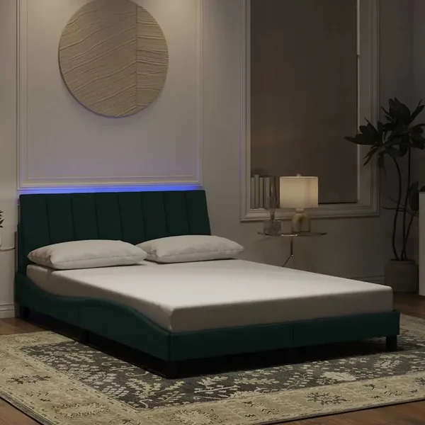 Cadre de lit avec LED sans matelas Hanko vert foncé 140x200 cm velours