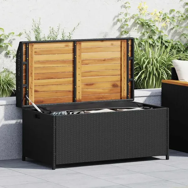 Banc de rangement noir résine tressée et bois d'acacia