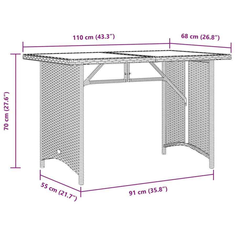 Table de jardin avec dessus en bois gris 110x68x70 cm rotin - 9