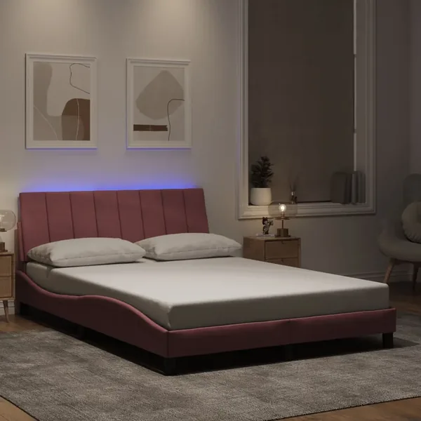 Cadre de lit avec LED sans matelas Hanko rose 140x200 cm velours