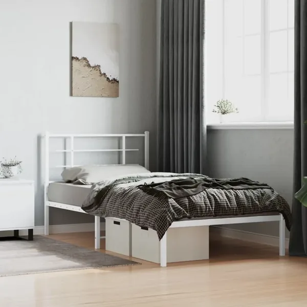 Cadre de lit métal sans matelas et tête de lit blanc 107x203 cm