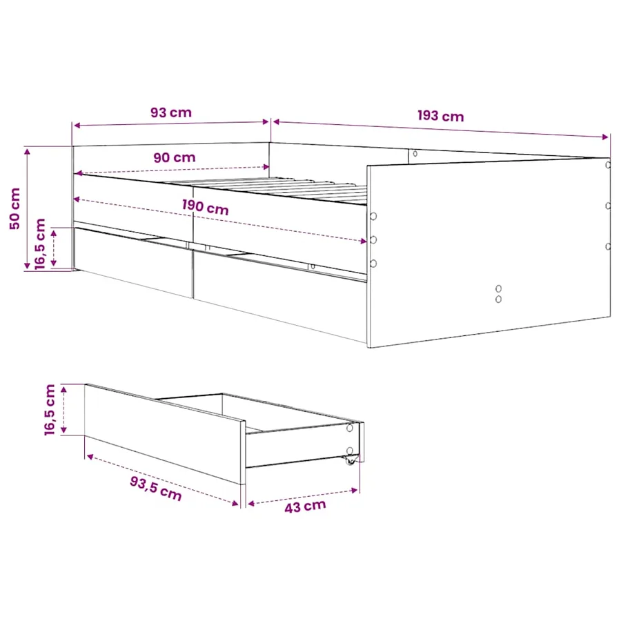 Cadre de lit avec tiroirs sans matelas sonoma gris 90x190 cm - 11