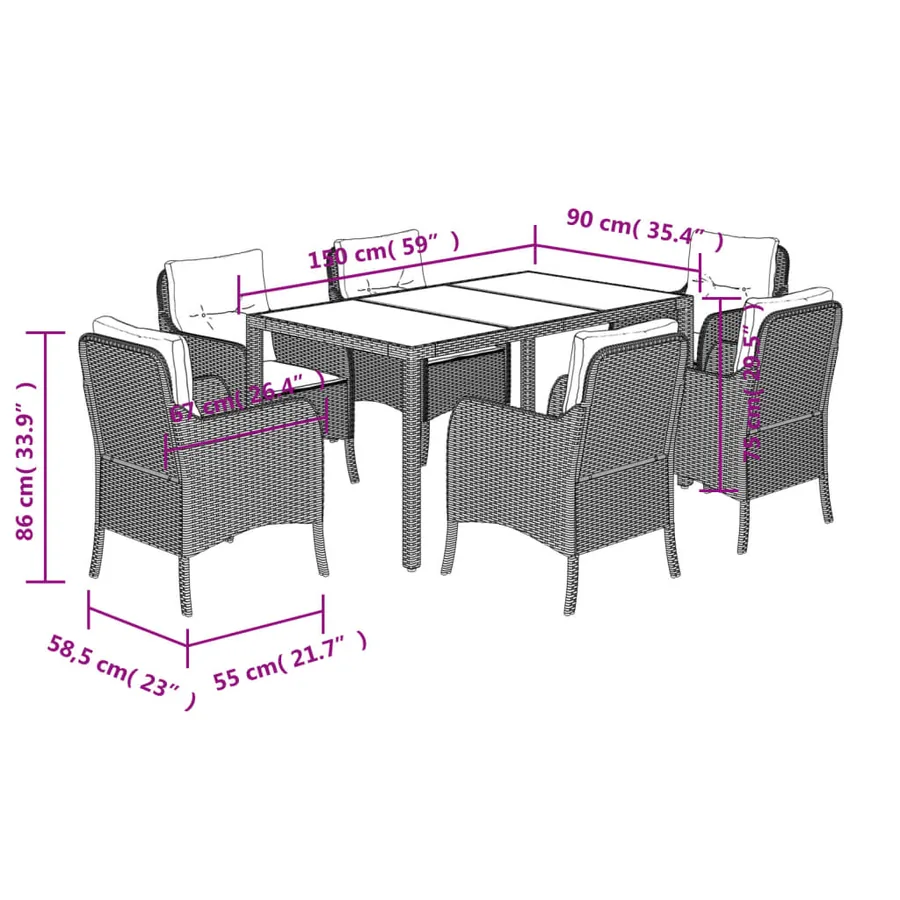 Ensemble à manger de jardin coussins 7pcs Noir Résine tressée - 7