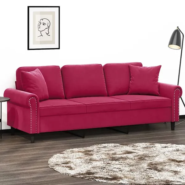 Canapé 3 places avec oreillers bordeaux 180 cm velours