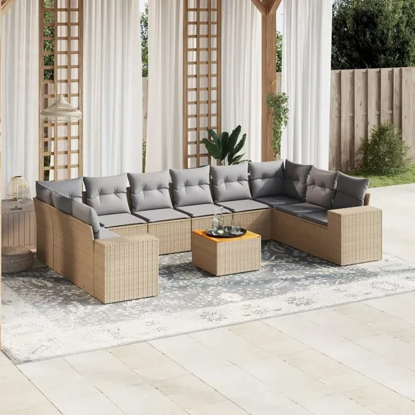 Salon de jardin 11 pcs avec coussins beige résine tressée