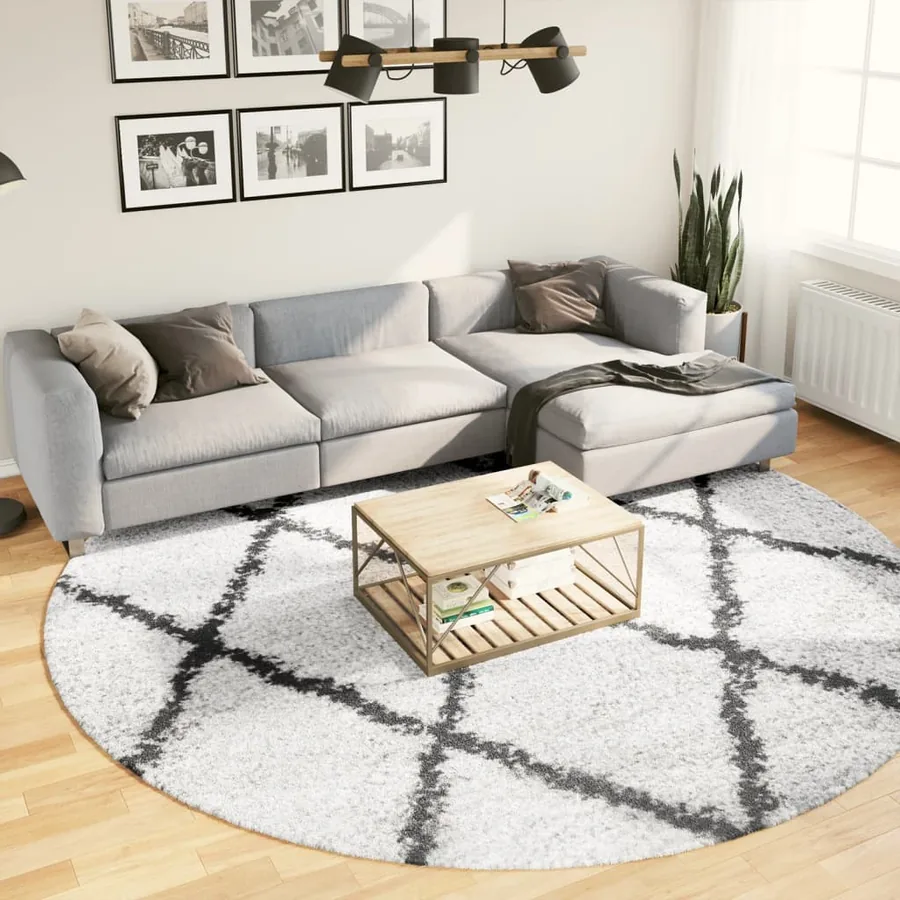 Tapis shaggy à poils longs moderne crème et noir Ø 280 cm