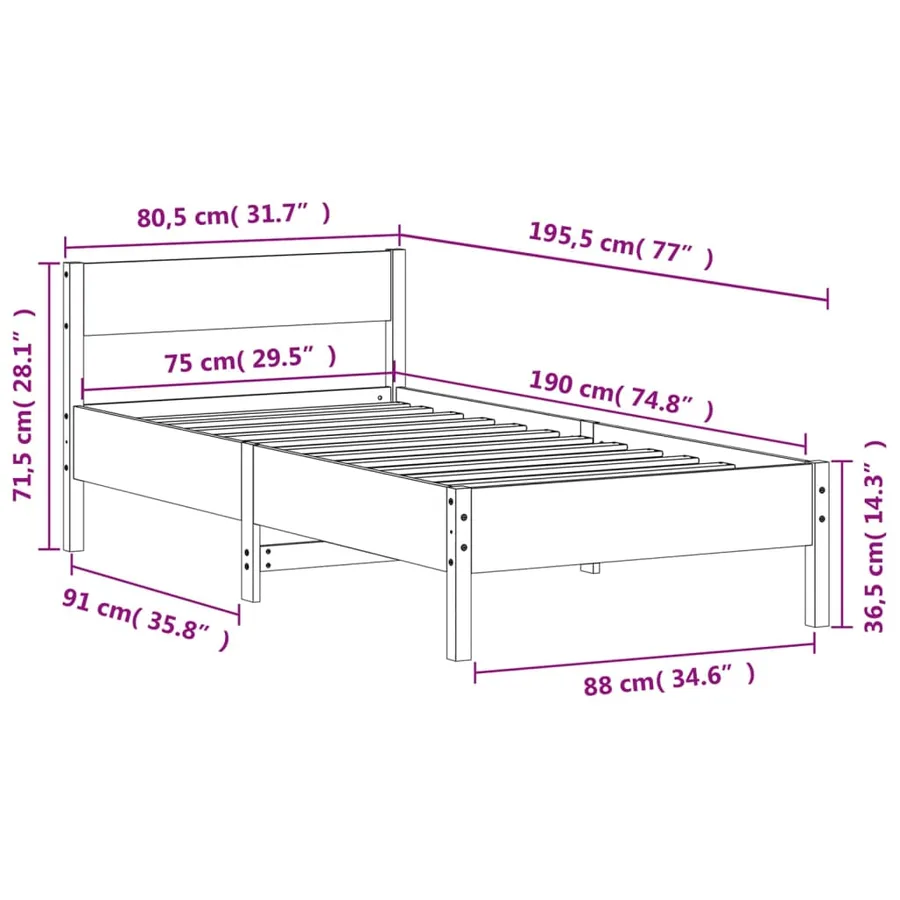 Cadre de lit sans matelas 75x190 cm bois de pin massif - 9