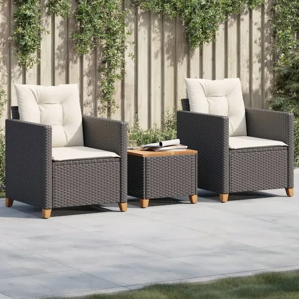 Ensemble de bistro 3 pcs et coussins noir résine tressée acacia