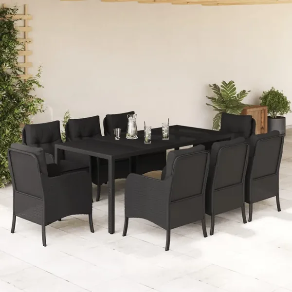 Ensemble à manger de jardin 9pcs coussins noir résine tressée