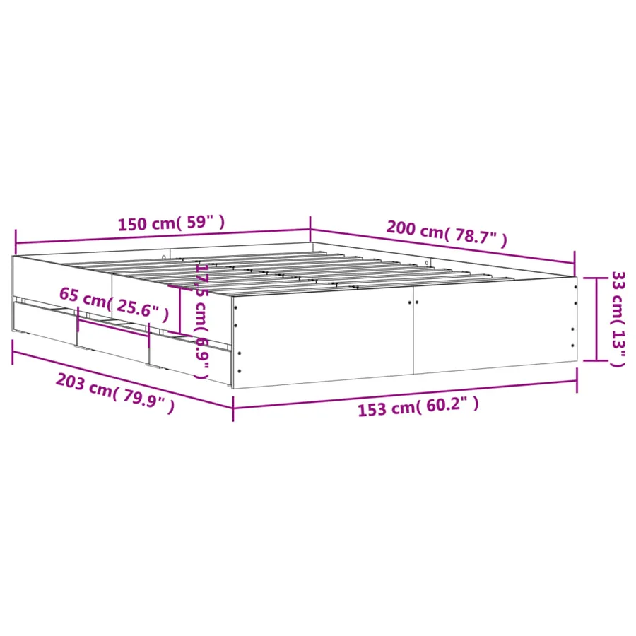 Cadre de lit avec tiroirs sans matelas sonoma gris 150x200 cm - 11