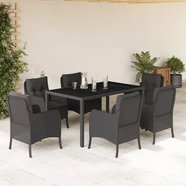 Ensemble à manger de jardin coussins 7pcs Noir Résine tressée