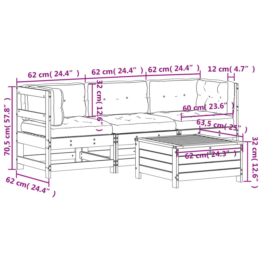Salon de jardin 4 pcs avec coussins bois de pin imprégné - 10