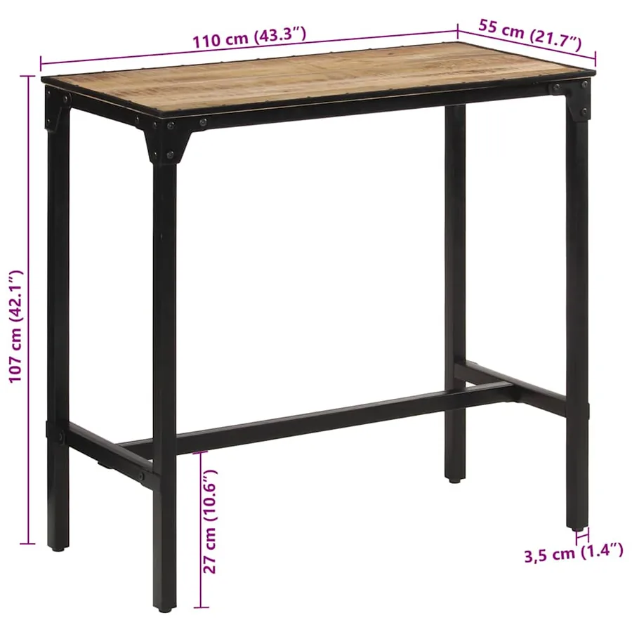 Table de bar 110x55x107 cm bois de manguier massif brut - 11