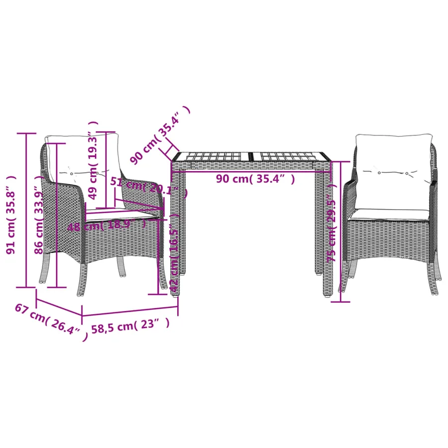 Ensemble à manger de jardin 3 pcs coussins gris résine tressée - 7