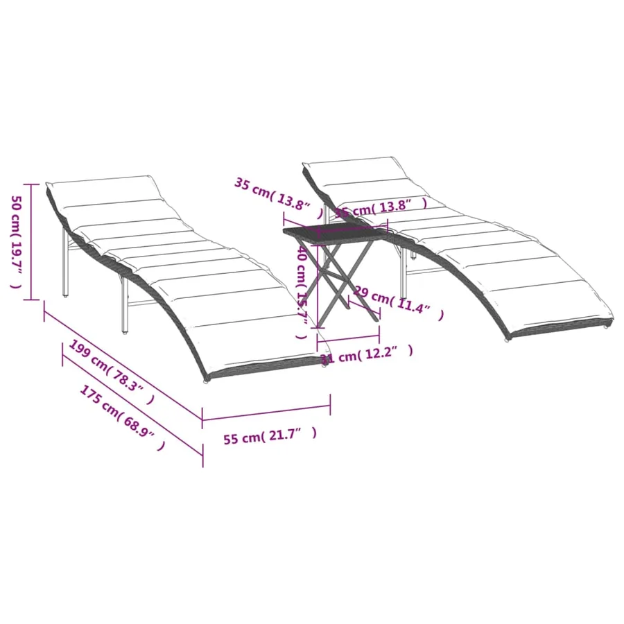 Chaises longues lot de 2 avec table gris clair résine tressée - 11