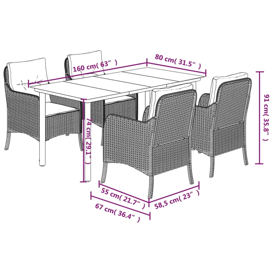 Ensemble à manger de jardin coussins 5pcs Noir Résine tressée - 7