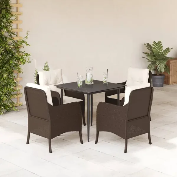 Ensemble à manger de jardin 5 pcs et coussins marron poly rotin