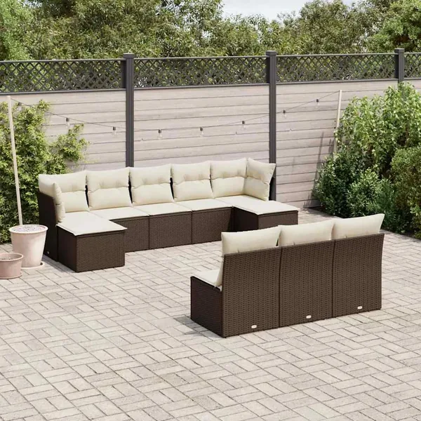 Salon de jardin 10 pcs avec coussins marron résine tressée