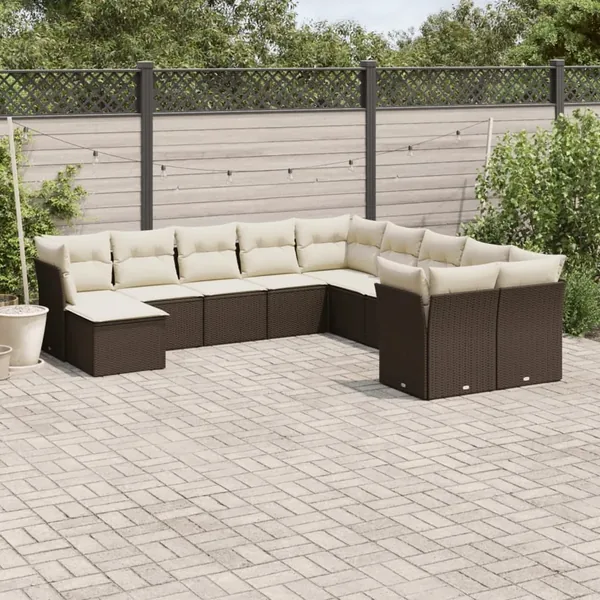 Salon de jardin et coussins 11 pcs marron résine tressée