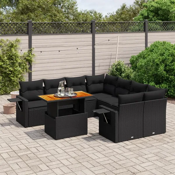 Salon de jardin 9 pcs avec coussins noir résine tressée