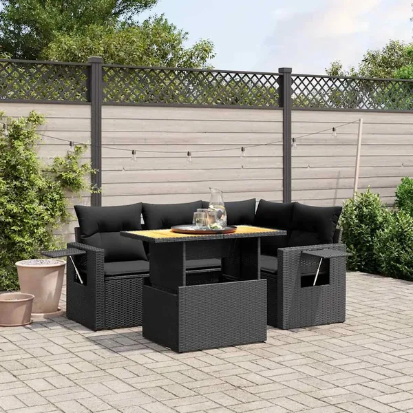 Salon de jardin 5 pcs avec coussins noir résine tressée