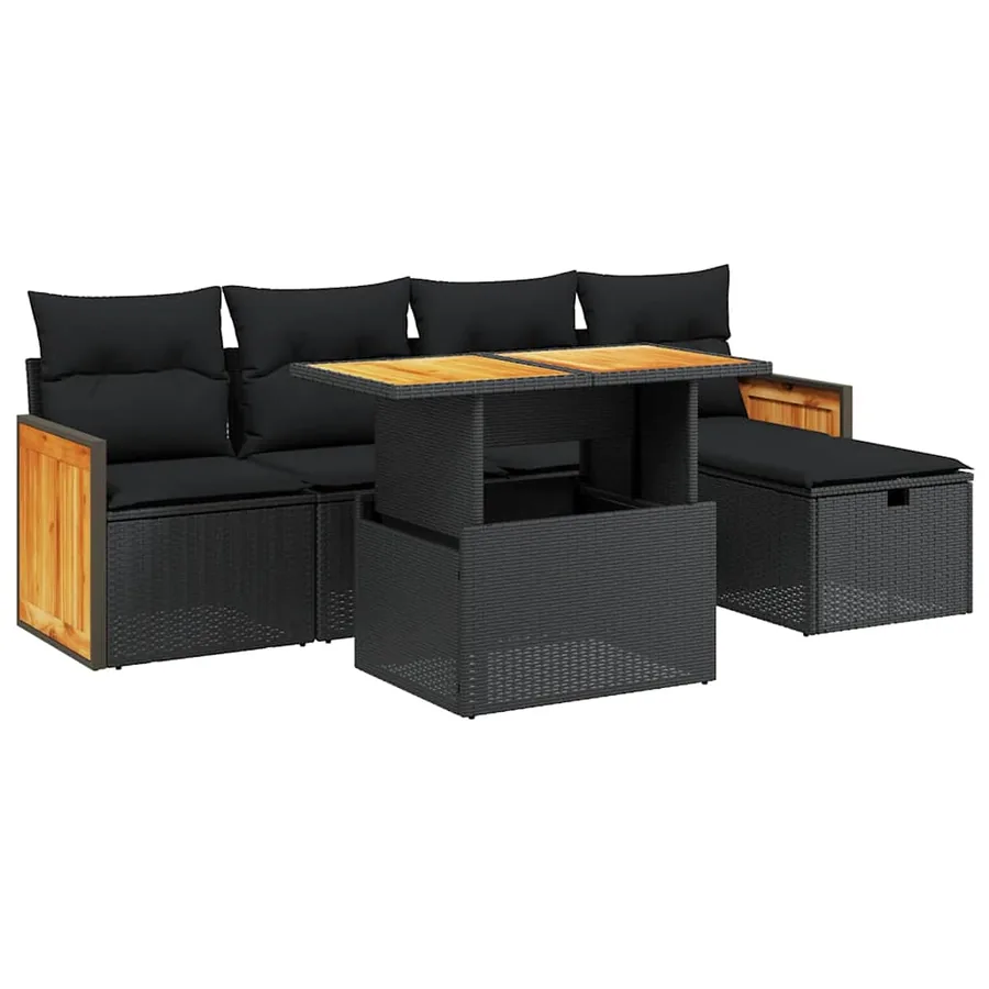 Salon de jardin 6 pcs avec coussins noir résine tressée - 2