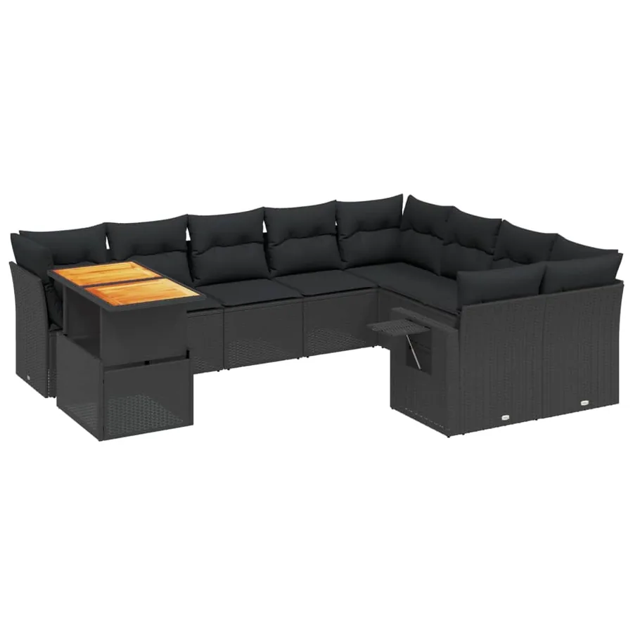 Salon de jardin 10 pcs avec coussins noir résine tressée - 2