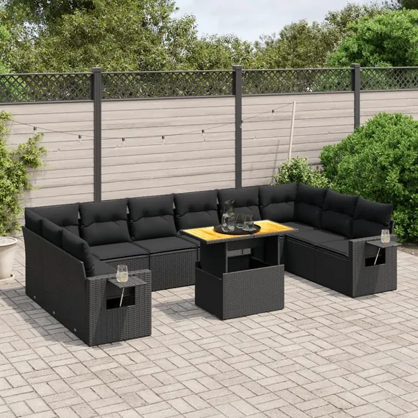 Salon de jardin 11 pcs avec coussins noir résine tressée