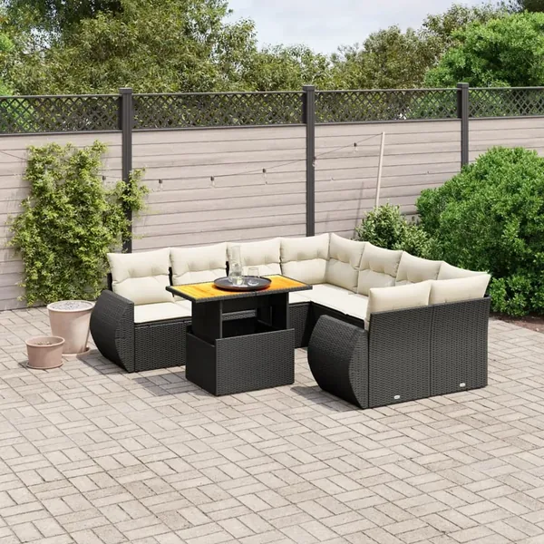 Salon de jardin 9 pcs avec coussins noir résine tressée