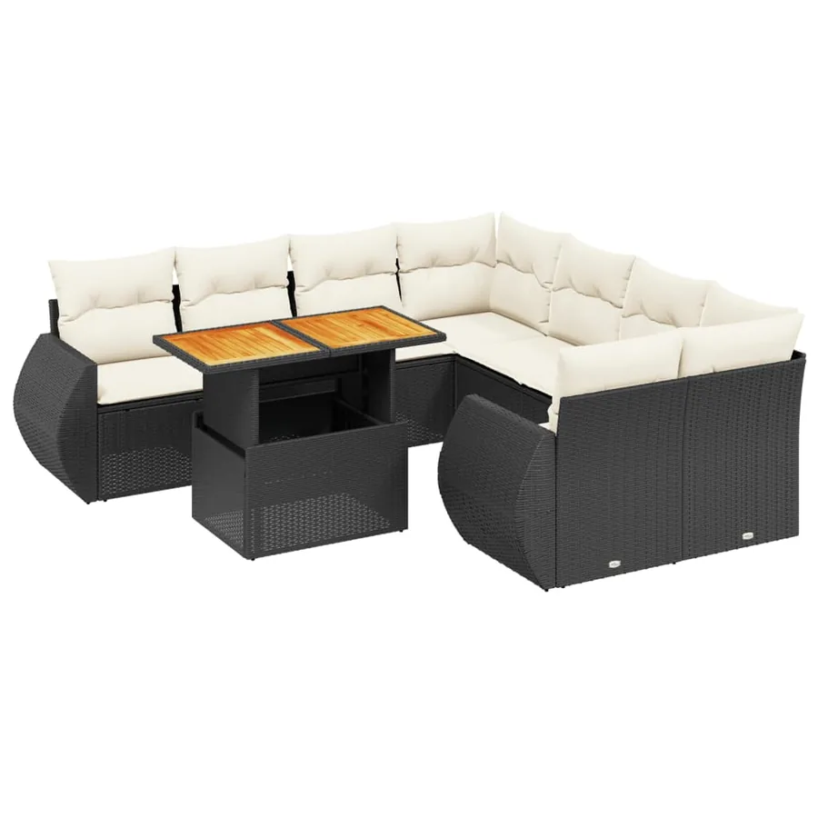 Salon de jardin 9 pcs avec coussins noir résine tressée - 2