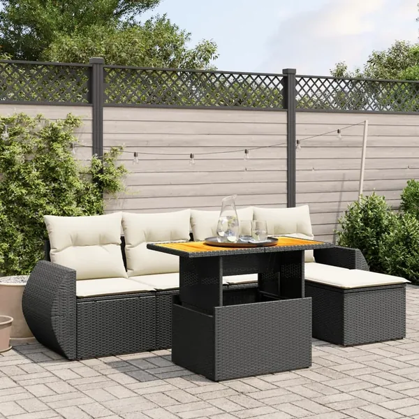 Salon de jardin 6 pcs avec coussins noir résine tressée