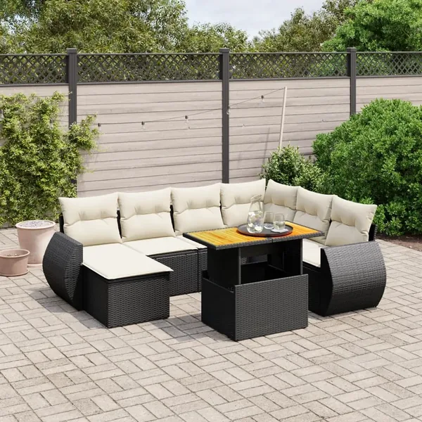 Salon de jardin 8 pcs avec coussins noir résine tressée